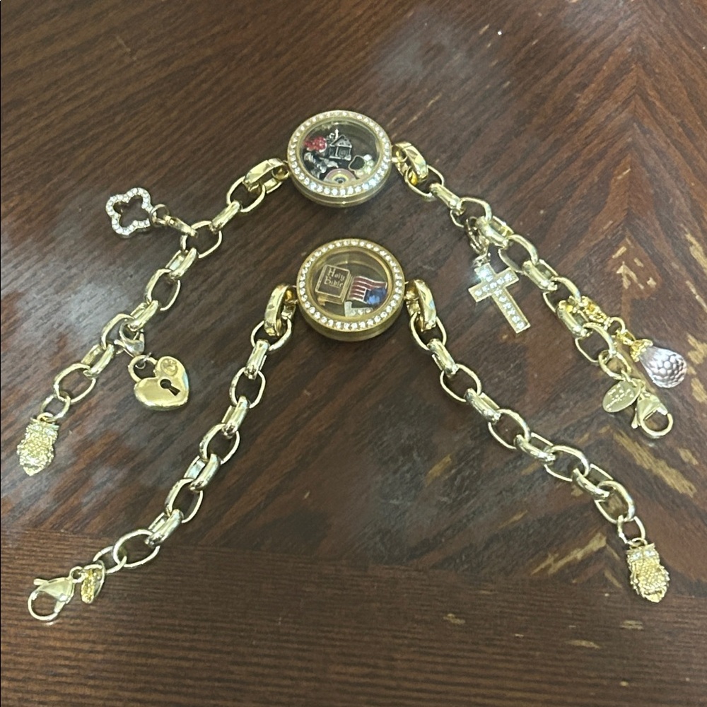 2 ORIGAMI OWL Gold Toned Chain Bracelet With Charms